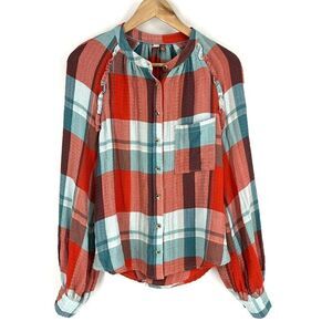 Anthropologie Pilcro Blouse Size Small Orange Red Blue Breezy Plaid Button Up
